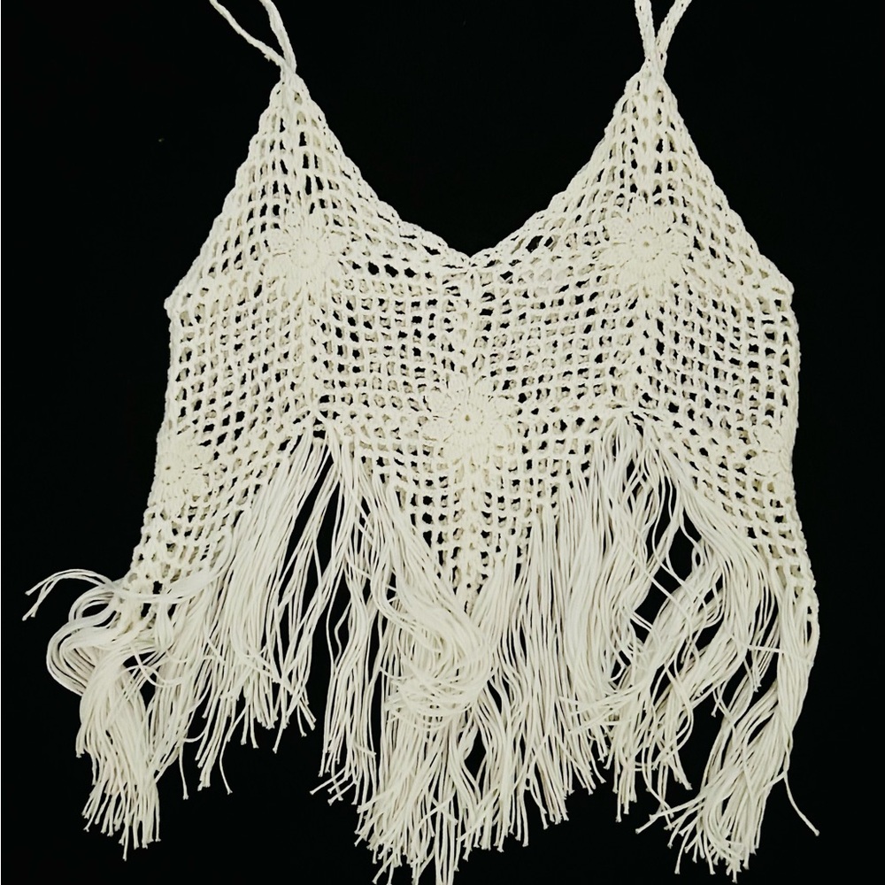Elegant White Crochet Fringe Top Never Worn